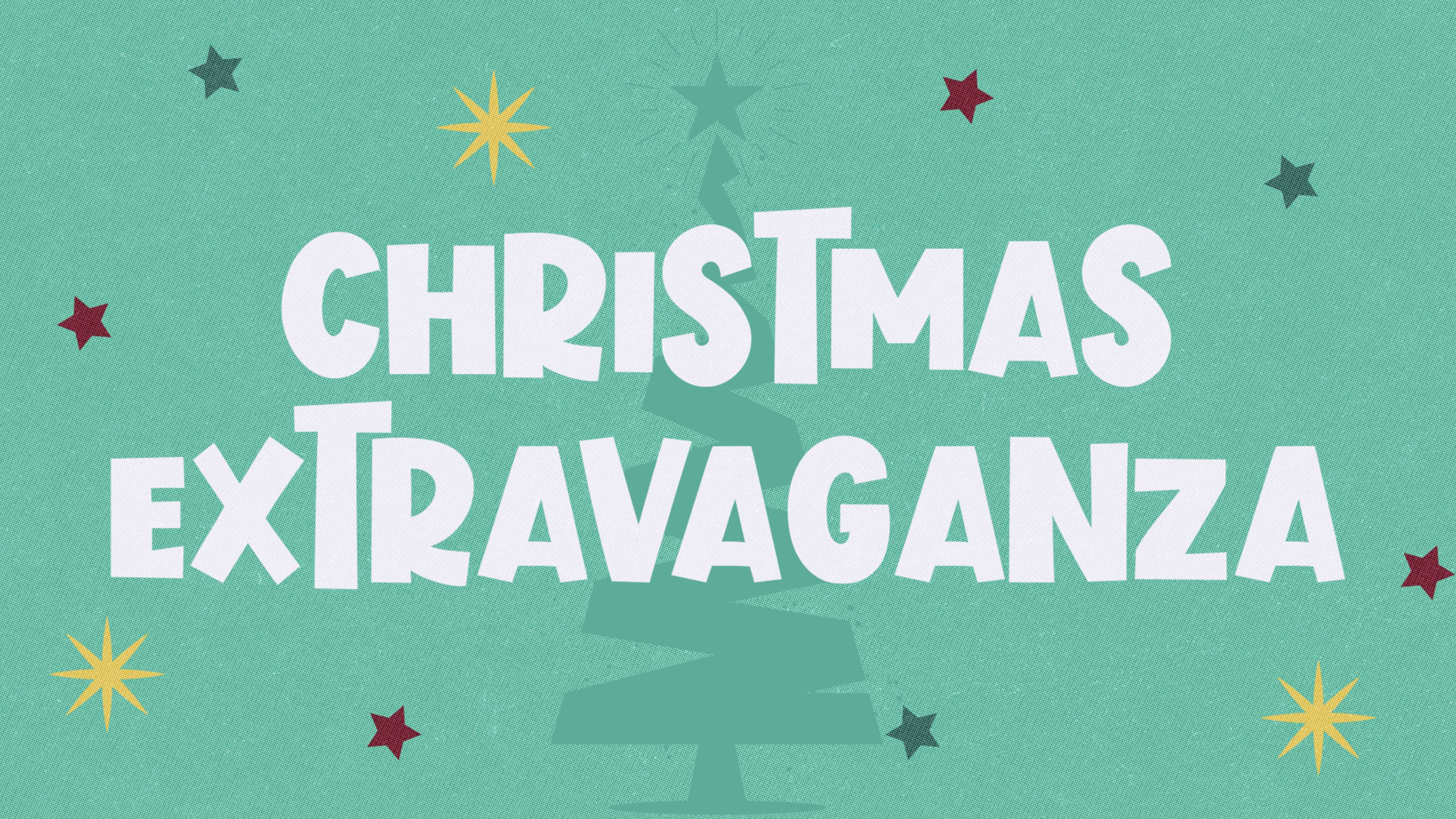 Christmas Extravaganza graphic with white lettering, a Christmas tree and stars on a mint green background